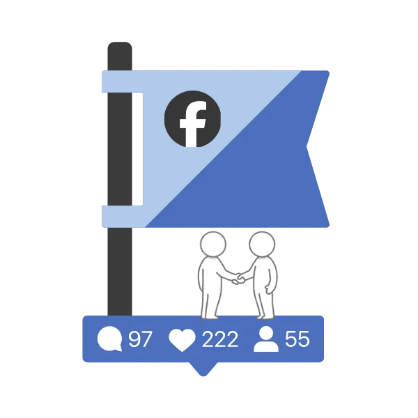 Illustration d'une page Facebook Pro avec drapeau Facebook et poignée de main